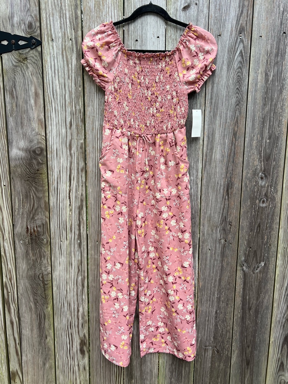 Amy Byer Pink Garden Floral Smocked Romper Girls Medium 10-12 NWT NEW